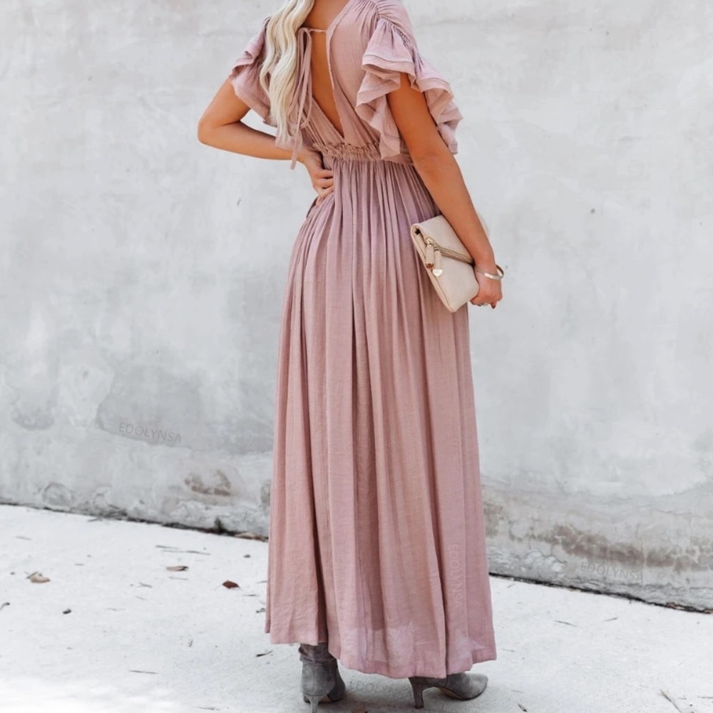 Light Dusty Pink Gauze Boho Button Maxi Coverup Dress - Picture 5 of 10